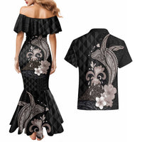 Hawaiian Whale and Volcanic Eruption Couples Matching Mermaid Dress and Hawaiian Shirt Hibiscus and Kakau Pattern Grayscale Color LT03 - Polynesian Pride