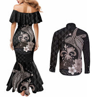 Hawaiian Whale and Volcanic Eruption Couples Matching Mermaid Dress and Long Sleeve Button Shirt Hibiscus and Kakau Pattern Grayscale Color