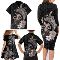 Hawaiian Whale and Volcanic Eruption Family Matching Long Sleeve Bodycon Dress and Hawaiian Shirt Hibiscus and Kakau Pattern Grayscale Color
