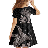 Hawaiian Whale and Volcanic Eruption Family Matching Puletasi and Hawaiian Shirt Hibiscus and Kakau Pattern Grayscale Color LT03 - Polynesian Pride