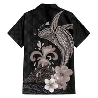 Hawaiian Whale and Volcanic Eruption Family Matching Puletasi and Hawaiian Shirt Hibiscus and Kakau Pattern Grayscale Color LT03 - Polynesian Pride