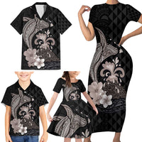 Hawaiian Whale and Volcanic Eruption Family Matching Short Sleeve Bodycon Dress and Hawaiian Shirt Hibiscus and Kakau Pattern Grayscale Color