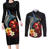 Hawaiian Whale and Volcanic Eruption Couples Matching Long Sleeve Bodycon Dress and Long Sleeve Button Shirt Hibiscus and Kakau Pattern