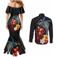 Hawaiian Whale and Volcanic Eruption Couples Matching Mermaid Dress and Long Sleeve Button Shirt Hibiscus and Kakau Pattern