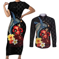Hawaiian Whale and Volcanic Eruption Couples Matching Short Sleeve Bodycon Dress and Long Sleeve Button Shirt Hibiscus and Kakau Pattern