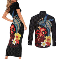 Hawaiian Whale and Volcanic Eruption Couples Matching Short Sleeve Bodycon Dress and Long Sleeve Button Shirt Hibiscus and Kakau Pattern