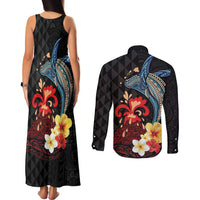Hawaiian Whale and Volcanic Eruption Couples Matching Tank Maxi Dress and Long Sleeve Button Shirt Hibiscus and Kakau Pattern