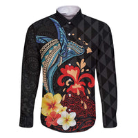 Hawaiian Whale and Volcanic Eruption Family Matching Off Shoulder Short Dress and Hawaiian Shirt Hibiscus and Kakau Pattern