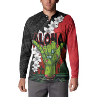 Hawaiian Halloween Button Sweatshirt Horror Shaka Hand with Plumeria and Polynesian Tattoo Blood Color