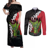 Hawaiian Halloween Couples Matching Off Shoulder Maxi Dress and Long Sleeve Button Shirt Horror Shaka Hand with Plumeria and Polynesian Tattoo Blood Color