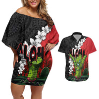 Hawaiian Halloween Couples Matching Off Shoulder Short Dress and Hawaiian Shirt Horror Shaka Hand with Plumeria and Polynesian Tattoo Blood Color