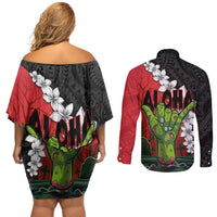 Hawaiian Halloween Couples Matching Off Shoulder Short Dress and Long Sleeve Button Shirt Horror Shaka Hand with Plumeria and Polynesian Tattoo Blood Color