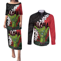 Hawaiian Halloween Couples Matching Puletasi and Long Sleeve Button Shirt Horror Shaka Hand with Plumeria and Polynesian Tattoo Blood Color LT03 Red - Polynesian Pride