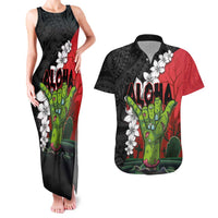 Hawaiian Halloween Couples Matching Tank Maxi Dress and Hawaiian Shirt Horror Shaka Hand with Plumeria and Polynesian Tattoo Blood Color