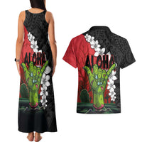 Hawaiian Halloween Couples Matching Tank Maxi Dress and Hawaiian Shirt Horror Shaka Hand with Plumeria and Polynesian Tattoo Blood Color