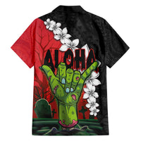 Hawaiian Halloween Family Matching Puletasi and Hawaiian Shirt Horror Shaka Hand with Plumeria and Polynesian Tattoo Blood Color