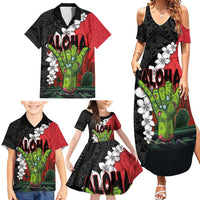 Hawaiian Halloween Family Matching Summer Maxi Dress and Hawaiian Shirt Horror Shaka Hand with Plumeria and Polynesian Tattoo Blood Color