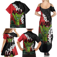 Hawaiian Halloween Family Matching Summer Maxi Dress and Hawaiian Shirt Horror Shaka Hand with Plumeria and Polynesian Tattoo Blood Color