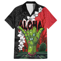 Hawaiian Halloween Family Matching Summer Maxi Dress and Hawaiian Shirt Horror Shaka Hand with Plumeria and Polynesian Tattoo Blood Color