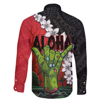 Hawaiian Halloween Family Matching Summer Maxi Dress and Hawaiian Shirt Horror Shaka Hand with Plumeria and Polynesian Tattoo Blood Color