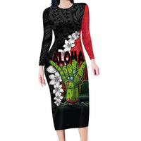 Hawaiian Halloween Long Sleeve Bodycon Dress Horror Shaka Hand with Plumeria and Polynesian Tattoo Blood Color LT03 Long Dress Red - Polynesian Pride