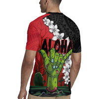 Hawaiian Halloween Rugby Jersey Horror Shaka Hand with Plumeria and Polynesian Tattoo Blood Color