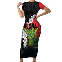 Hawaiian Halloween Short Sleeve Bodycon Dress Horror Shaka Hand with Plumeria and Polynesian Tattoo Blood Color LT03 Long Dress Red - Polynesian Pride