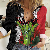 Hawaiian Halloween Women Casual Shirt Horror Shaka Hand with Plumeria and Polynesian Tattoo Blood Color