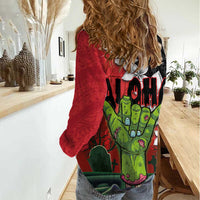 Hawaiian Halloween Women Casual Shirt Horror Shaka Hand with Plumeria and Polynesian Tattoo Blood Color