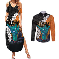 Hawaiian Halloween Couples Matching Summer Maxi Dress and Long Sleeve Button Shirt Horror Shaka Hand with Plumeria and Polynesian Tattoo Autumn Color