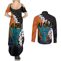Hawaiian Halloween Couples Matching Summer Maxi Dress and Long Sleeve Button Shirt Horror Shaka Hand with Plumeria and Polynesian Tattoo Autumn Color