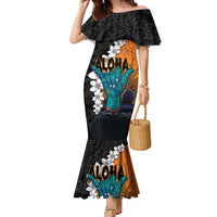 Hawaiian Halloween Family Matching Mermaid Dress and Hawaiian Shirt Horror Shaka Hand with Plumeria and Polynesian Tattoo Autumn Color