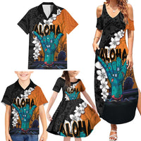 Hawaiian Halloween Family Matching Summer Maxi Dress and Hawaiian Shirt Horror Shaka Hand with Plumeria and Polynesian Tattoo Autumn Color
