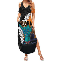 Hawaiian Halloween Family Matching Summer Maxi Dress and Hawaiian Shirt Horror Shaka Hand with Plumeria and Polynesian Tattoo Autumn Color