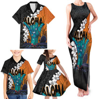 Hawaiian Halloween Family Matching Tank Maxi Dress and Hawaiian Shirt Horror Shaka Hand with Plumeria and Polynesian Tattoo Autumn Color