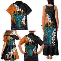 Hawaiian Halloween Family Matching Tank Maxi Dress and Hawaiian Shirt Horror Shaka Hand with Plumeria and Polynesian Tattoo Autumn Color