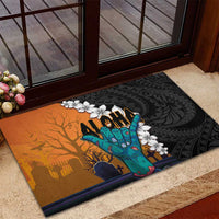 Hawaiian Halloween Rubber Doormat Horror Shaka Hand with Plumeria and Polynesian Tattoo Autumn Color
