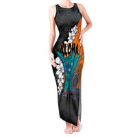 Hawaiian Halloween Tank Maxi Dress Horror Shaka Hand with Plumeria and Polynesian Tattoo Autumn Color