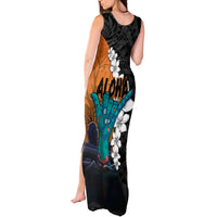 Hawaiian Halloween Tank Maxi Dress Horror Shaka Hand with Plumeria and Polynesian Tattoo Autumn Color