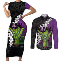 Hawaiian Halloween Couples Matching Short Sleeve Bodycon Dress and Long Sleeve Button Shirt Horror Shaka Hand with Plumeria and Polynesian Tattoo Midnight Color