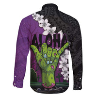 Hawaiian Halloween Family Matching Mermaid Dress and Hawaiian Shirt Horror Shaka Hand with Plumeria and Polynesian Tattoo Midnight Color