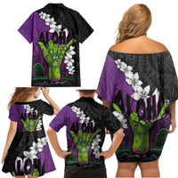Hawaiian Halloween Family Matching Off Shoulder Short Dress and Hawaiian Shirt Horror Shaka Hand with Plumeria and Polynesian Tattoo Midnight Color