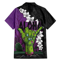 Hawaiian Halloween Family Matching Puletasi and Hawaiian Shirt Horror Shaka Hand with Plumeria and Polynesian Tattoo Midnight Color