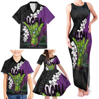 Hawaiian Halloween Family Matching Tank Maxi Dress and Hawaiian Shirt Horror Shaka Hand with Plumeria and Polynesian Tattoo Midnight Color
