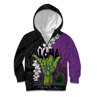 Hawaiian Halloween Kid Hoodie Horror Shaka Hand with Plumeria and Polynesian Tattoo Midnight Color