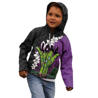 Hawaiian Halloween Kid Hoodie Horror Shaka Hand with Plumeria and Polynesian Tattoo Midnight Color