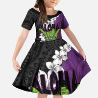 Hawaiian Halloween Kid Short Sleeve Dress Horror Shaka Hand with Plumeria and Polynesian Tattoo Midnight Color