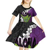 Hawaiian Halloween Kid Short Sleeve Dress Horror Shaka Hand with Plumeria and Polynesian Tattoo Midnight Color