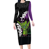 Hawaiian Halloween Long Sleeve Bodycon Dress Horror Shaka Hand with Plumeria and Polynesian Tattoo Midnight Color LT03 Long Dress Purple - Polynesian Pride