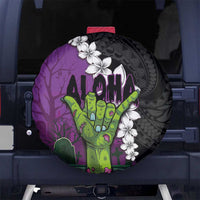 Hawaiian Halloween Spare Tire Cover Horror Shaka Hand with Plumeria and Polynesian Tattoo Midnight Color